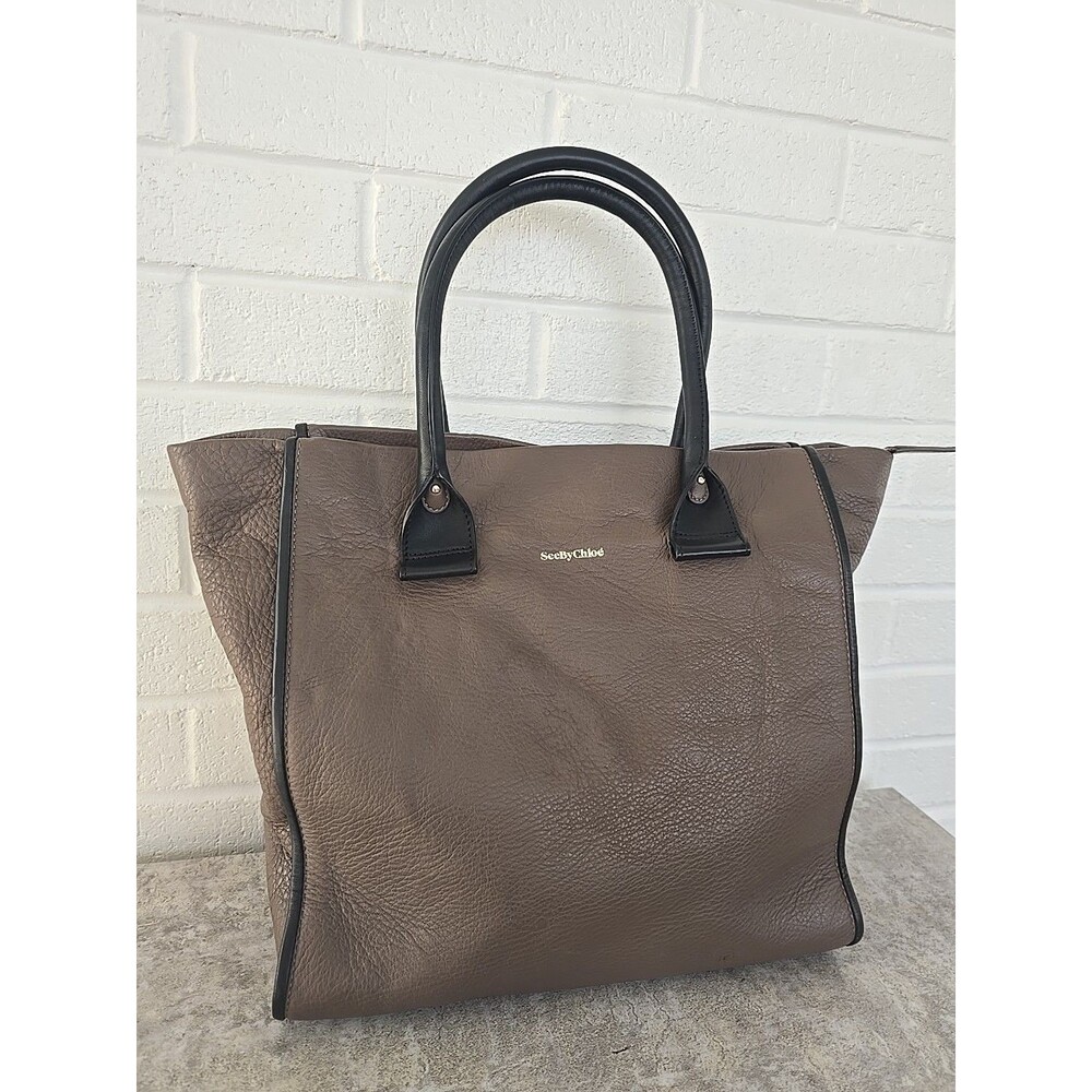 See By Chloe Leather Tote Purse Sholder Bag Mocha Black Color